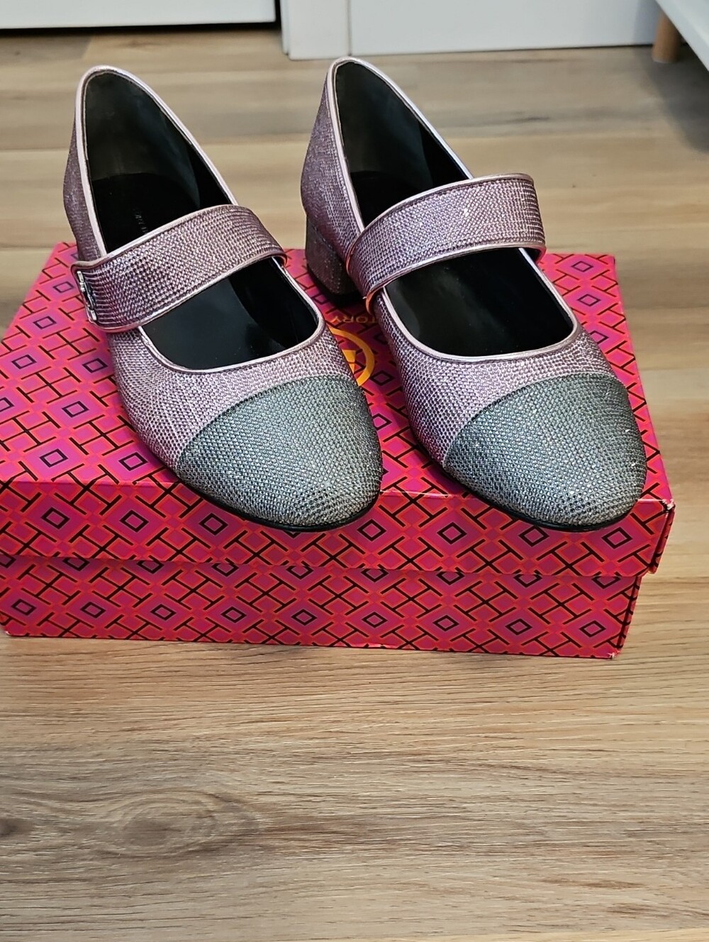 Tory Burch Pink Glitter Mary Jane Flats with Silver Cap